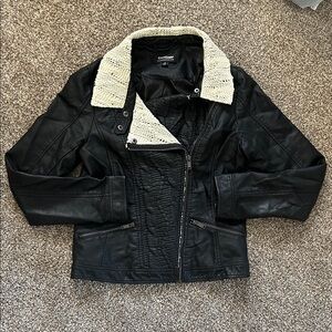 CoffeeShop Black Faux Leather Moto Jacket with Cream Knit Collar